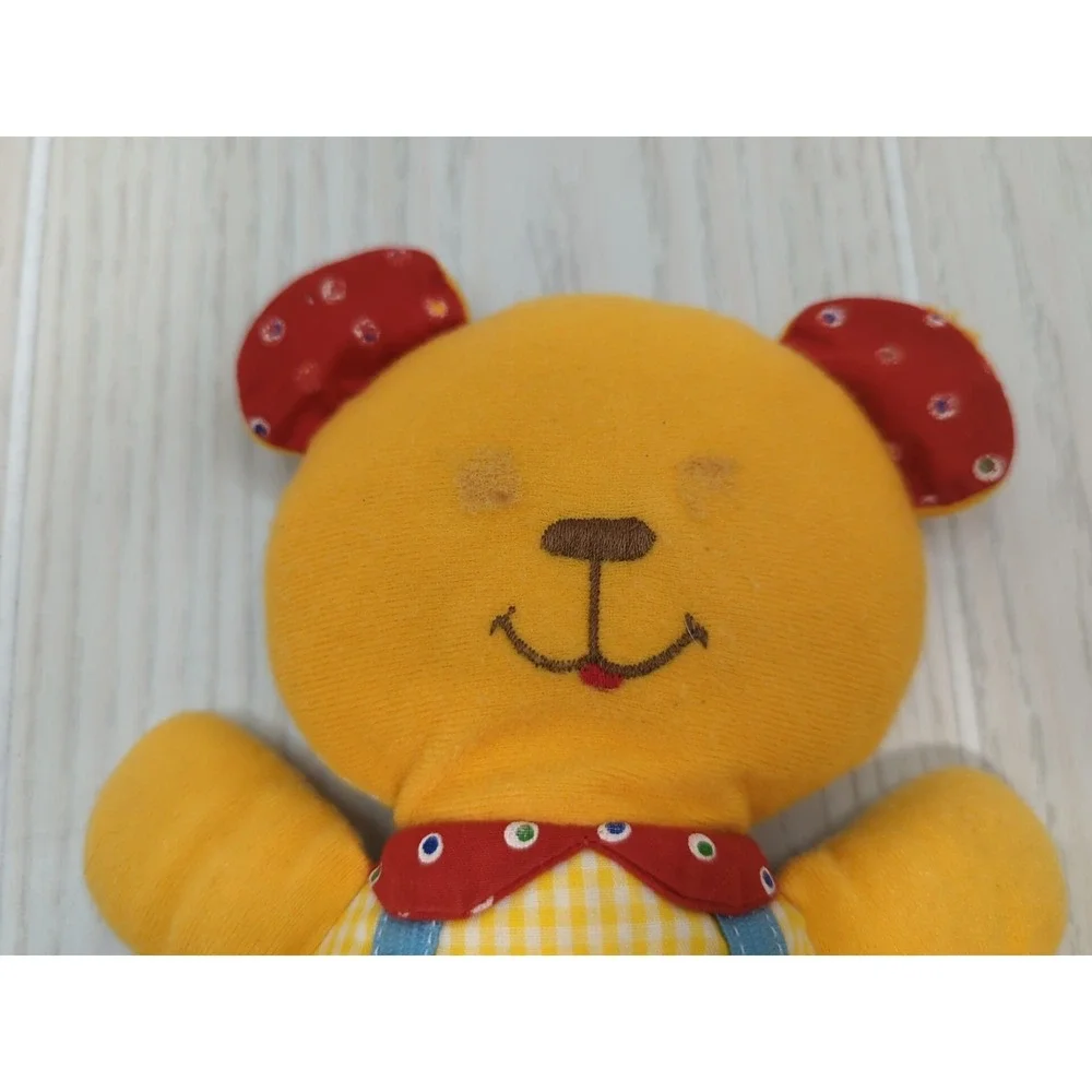 Knickerbocker yellow checked teddy bear vintage‎ plush rattle red blue overalls